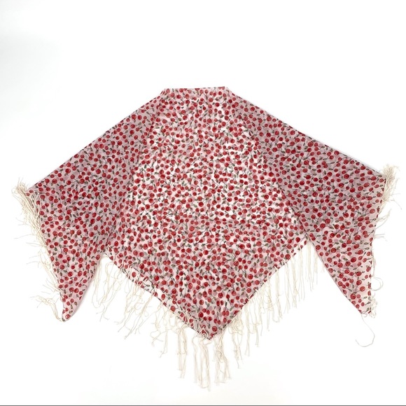 Square Fringed Scarf with All Over Cherry Pattern - Picture 6 of 12